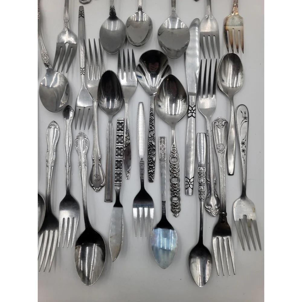 76pc Mixed Stainless Flatware Lot Floral Mismatched Bulk Silverware Crafts
